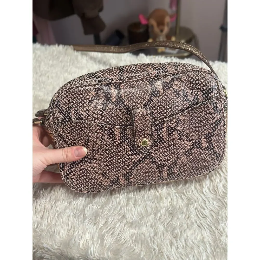 G.I.L.I Snake Embossed Leather Rose Gold Shimmer Crossbody Purse Camera Bag